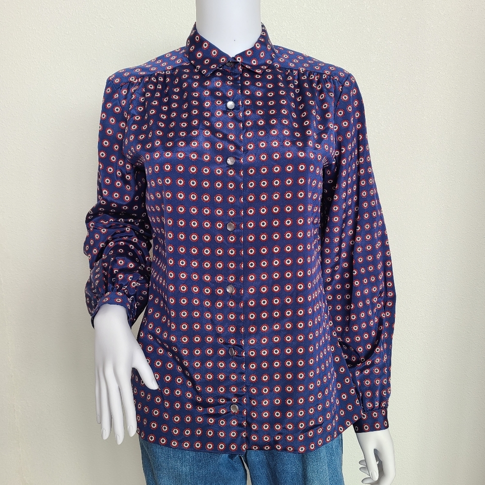 Vintage blue round abstract floral print top by Pierre Balmain Paris